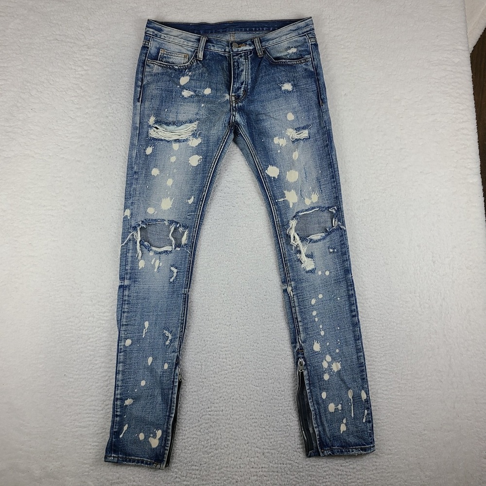 MNML Jeans Mens 31x33 Blue Skinny Ankle Zip Light Wash Distress Button Fly Denim